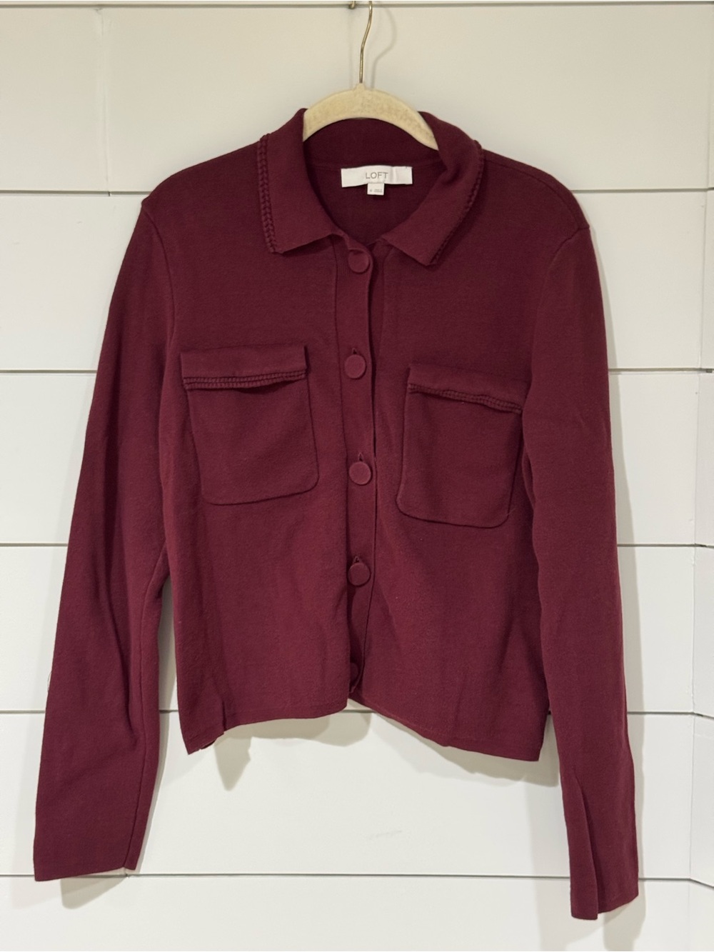 Loft Embroidered Trim Sweater Button-Front Jacket Burgundy Size M - Picture 5 of 11